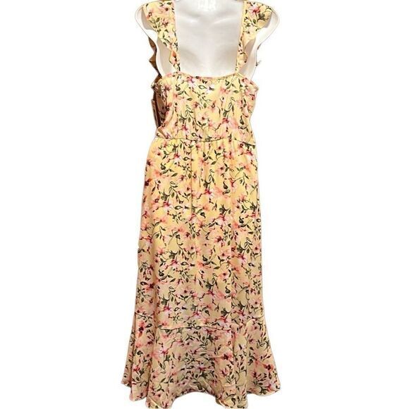 SOCIALITE DRESS XS YELLOW PINK RUFFLE PRINT WRAP MIDI ROMANCE FAIRYCORE SEXY - Picture 11 of 15